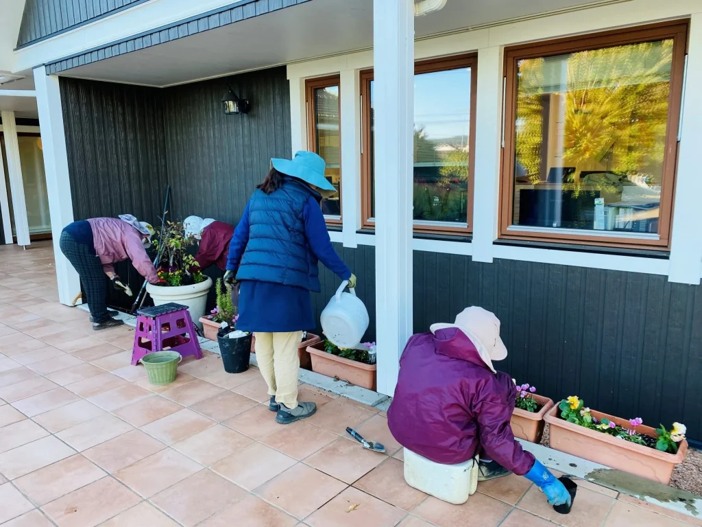チューリップの球根とお花を植えていきます