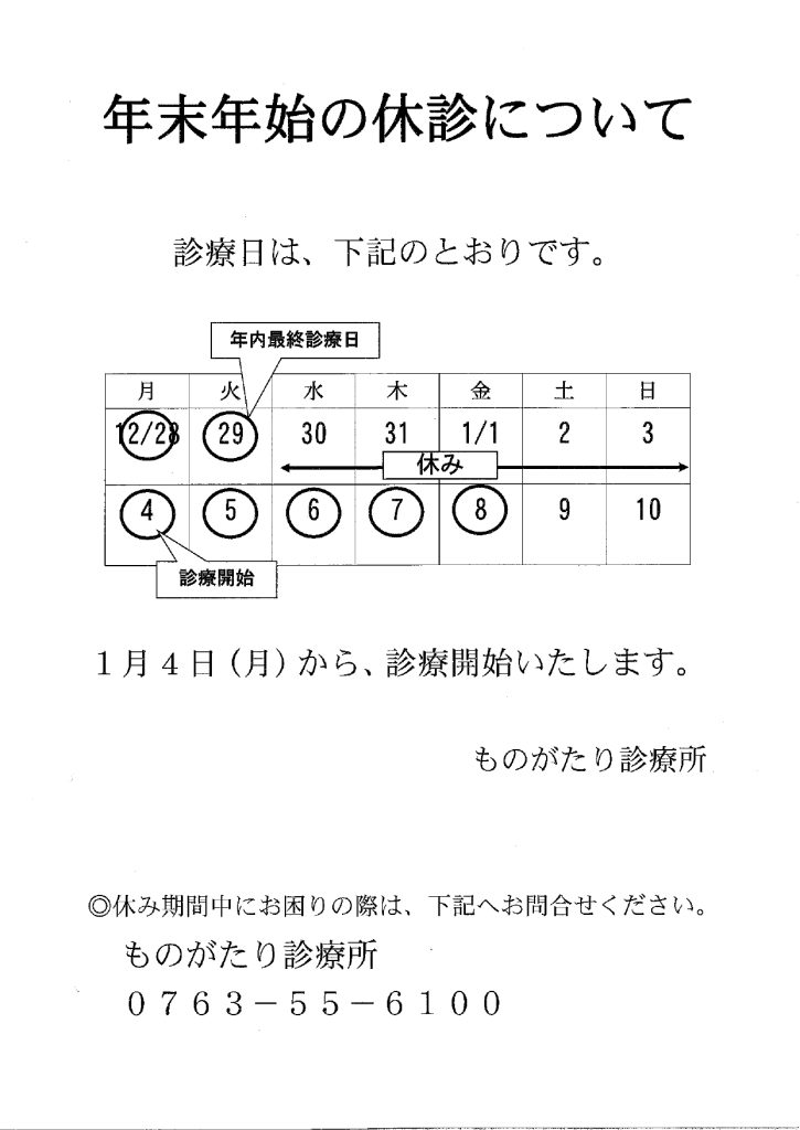 年末年始の休診
