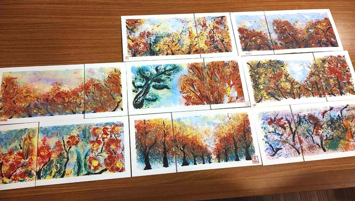 【臨床美術】ポンポンとスタンプのように描く！色鮮やかな「紅葉屏風」